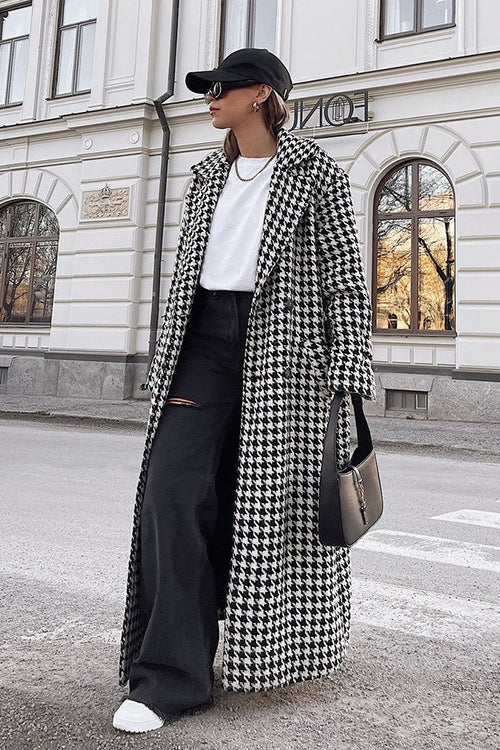 Houndstooth Long Trench Coat Overcoat