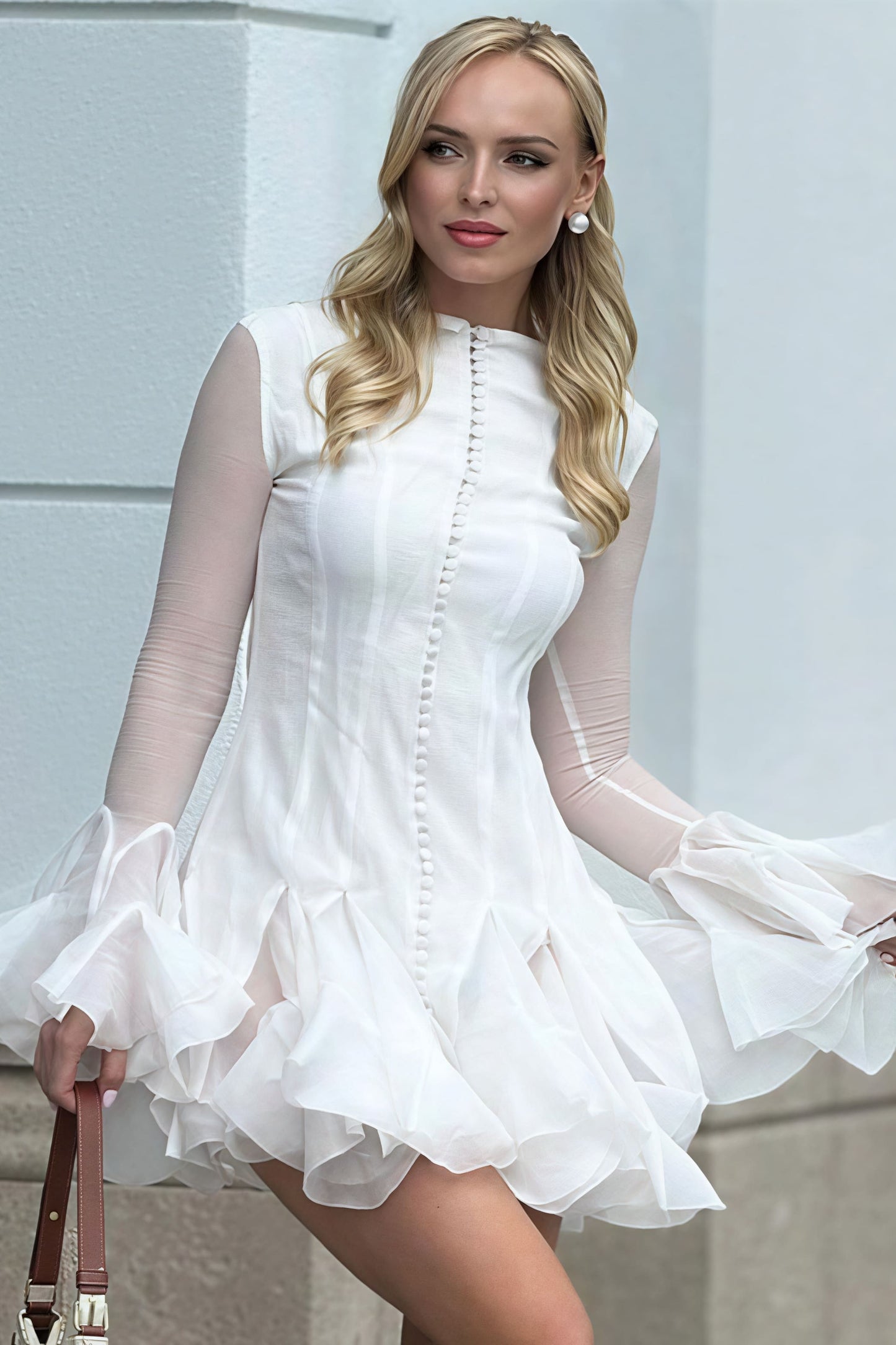 Buttoned Ruffled Long Puff Sleeve Mini Dress