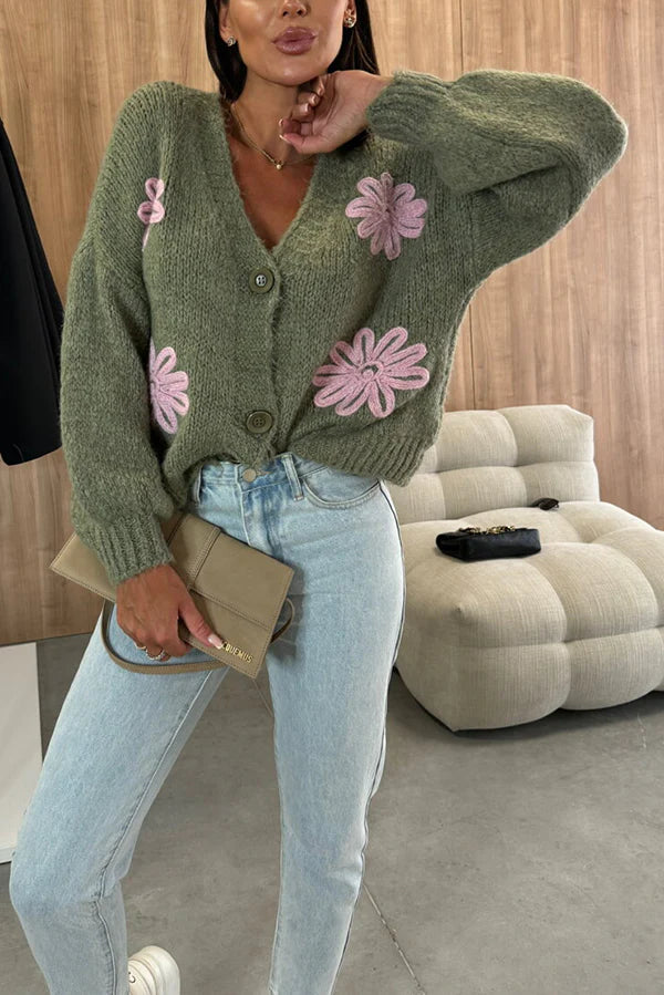 Embroidered V-neck Long-sleeved Button-knit Cardigan