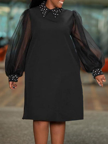 Puff Sleeves Beads Mesh Color Split-joint Round-neck Midi Dresses