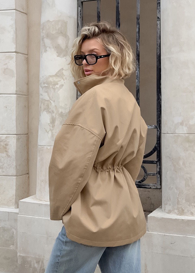 Beige Drawstring Waist Coat - Modern Mid-length Jacket