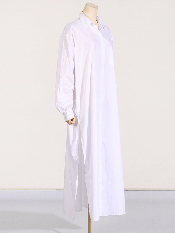 Long Sleeves Loose See-through Color Split-joint Split-side Lapel Maxi Dresses Shirt Dress
