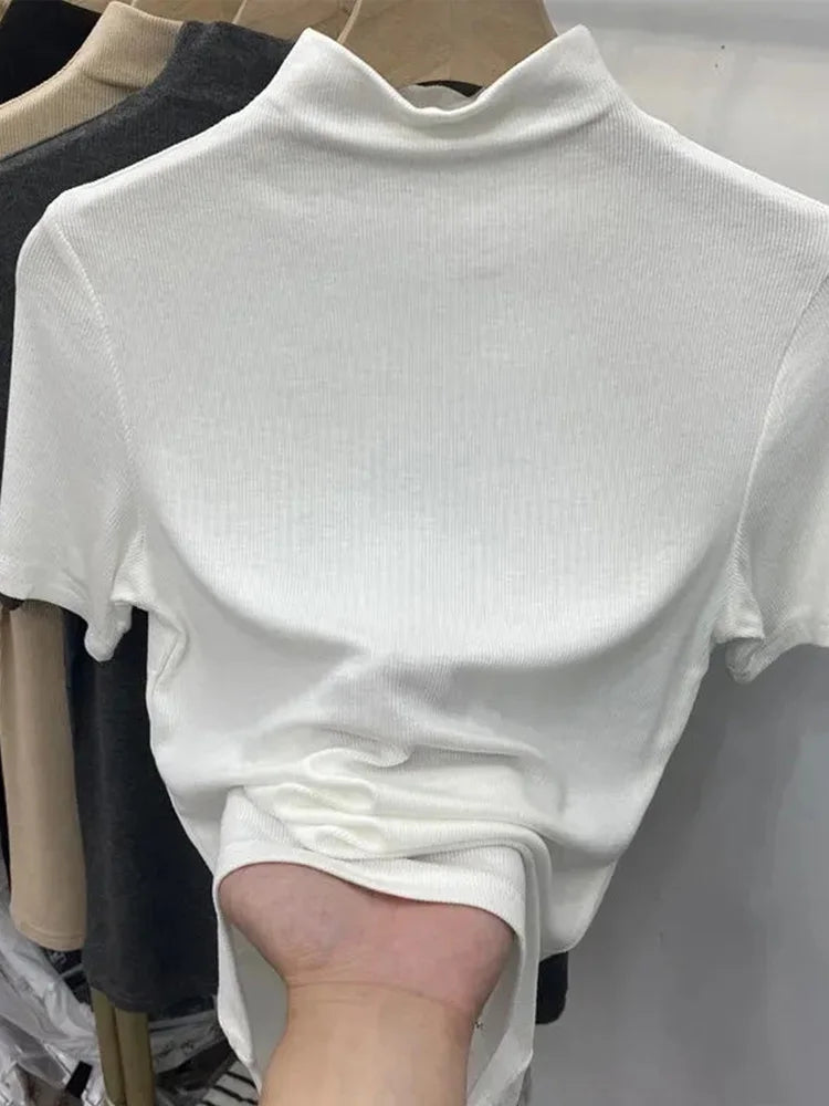 Threaded Short Sleeves T-shirts Summer New Turtleneck Slim Elastic Long-sleeved Female Buttoming Pulls Top Tees