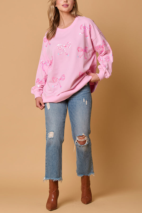 Christmas Bow Sequin Loose Long-sleeved Sweatshirt