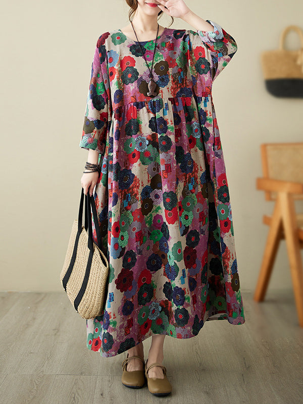 Long Sleeves Loose Flower Print Pockets Split-joint Round-neck Midi Dresses