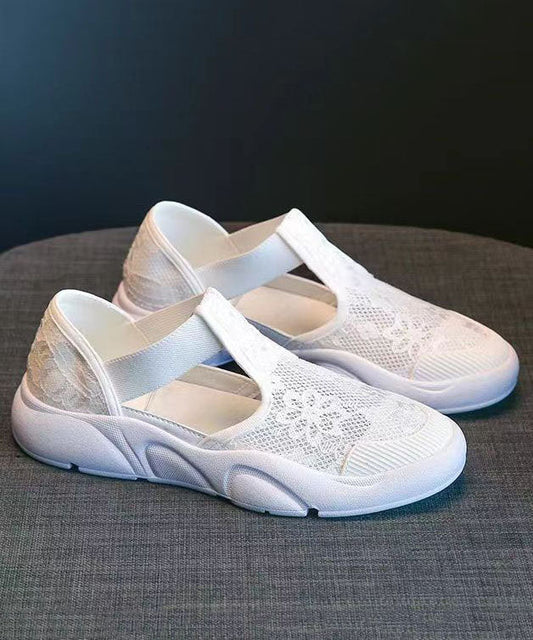 White Flat Sandals Splicing Hollow Out Breathable Lace
