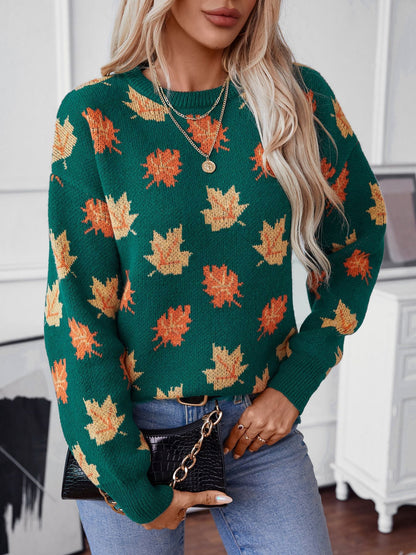 Maple Leaf Pattern Jacquard Pullover Sweater for