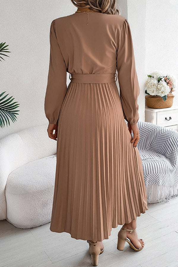 Color V-neck Buttoned Lace-up Pleated Maxi Dress