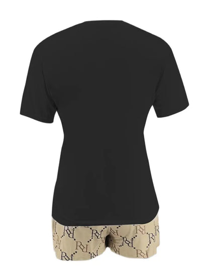 Geometric Bear Print Shorts Set O Neck Short Sleeve T-shirt Mixed Print Hipster Bottoms 2pcs /