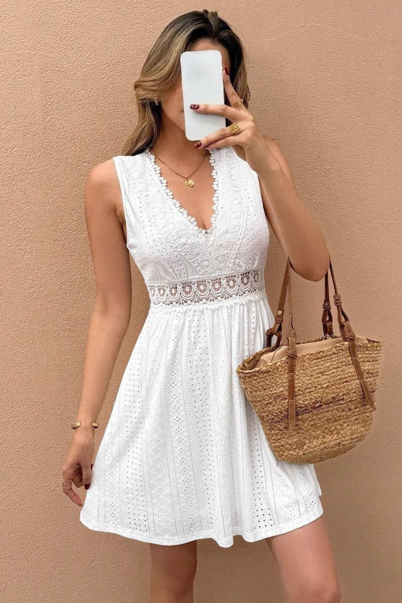 Sleeveless V Neck Lace Patchwork Jacquard Dress