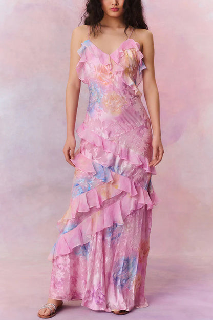Multicolor Tie-dye Backless Wave-hem Strap Maxi Dress