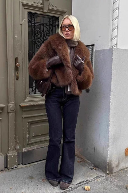 Retro Color Plush Warm Short Notch Collar Coat