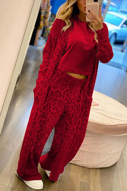 Comfort First Leopard Print Pocket Long Sleeve Cardigan Elastic Waist Pants Set