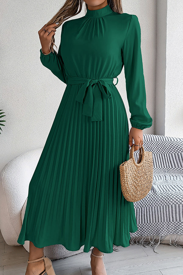 Stand-collar Long-sleeve Waisted Tie-up Pleated Midi Dress