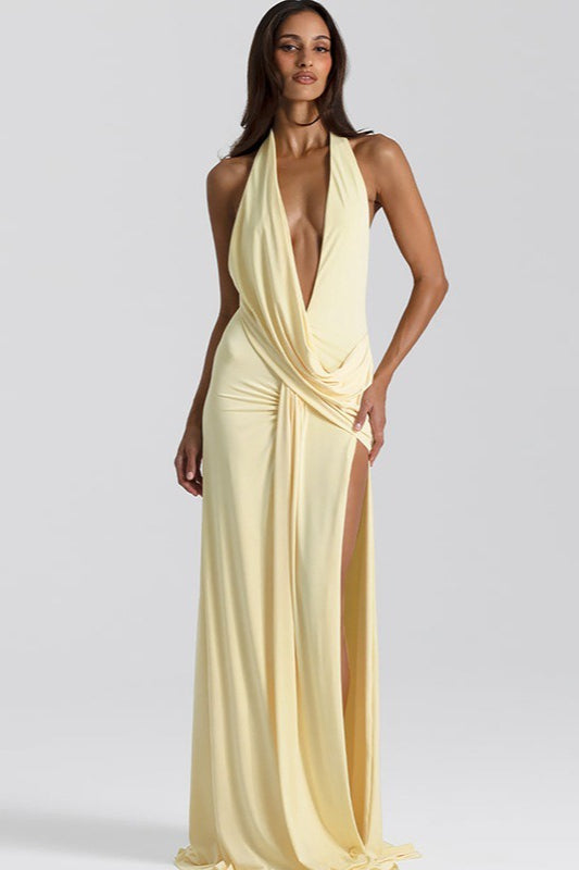 Halter Deep V Backless Slit Floor Maxi Dress