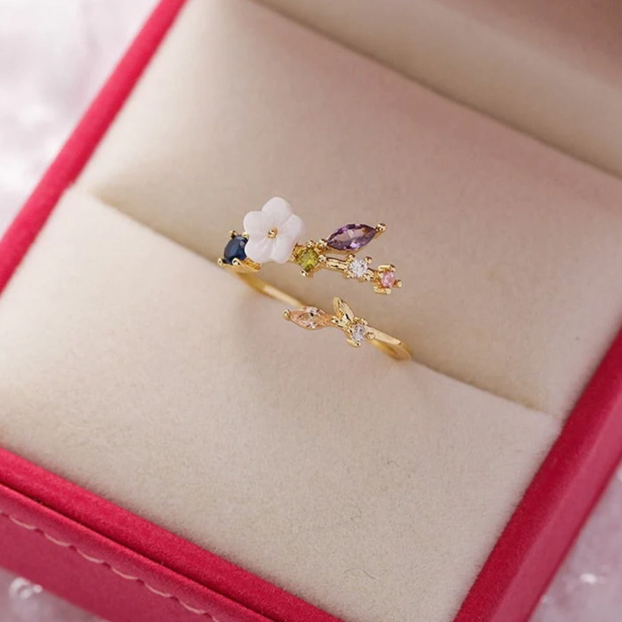 Wildflower With Colorful Zirconia Adjustable Ring In Gold