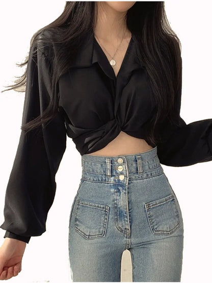 Harajuku Blouse Crop Top Korean Style Trends Black White Long Sleeve Shirt Female Tunic