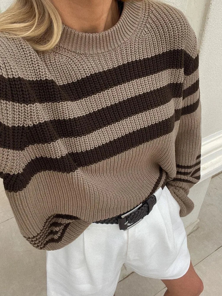 Striped Knitwear Top Female Loose Autumn High Waist Contrast Knit Sweater Slim Patchwork Pullover