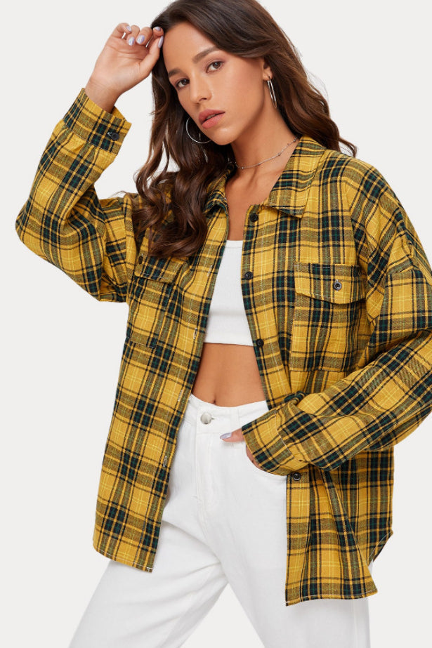 Plaid Stand Collar Button Shirt Blouse