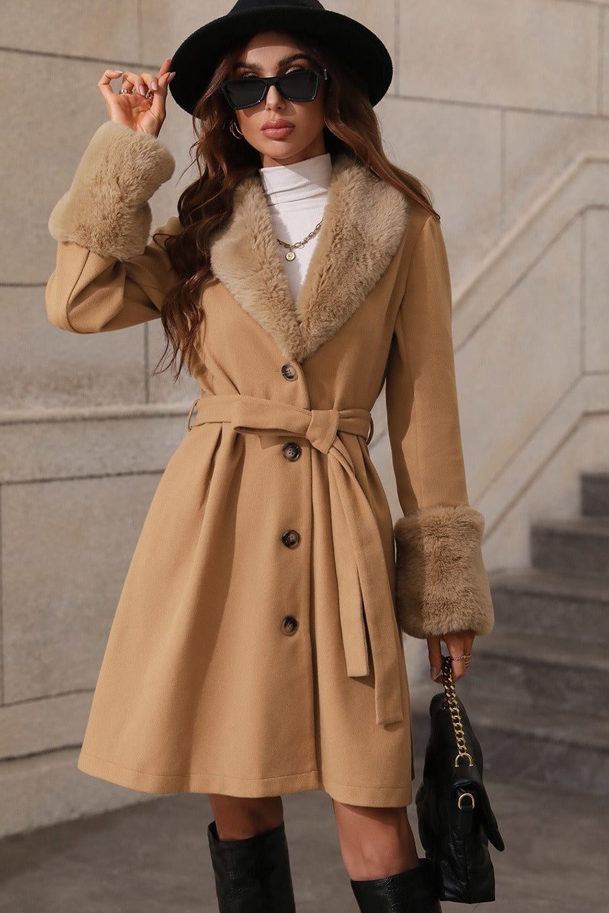 Plush Paneled Notch Collar Button Mid-length Tie Waist Coat