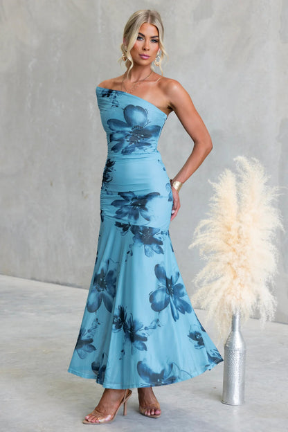 Print One-shoulder Ruched Maxi Dress