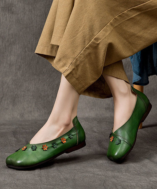 Splicing Flats Green Cowhide Leather