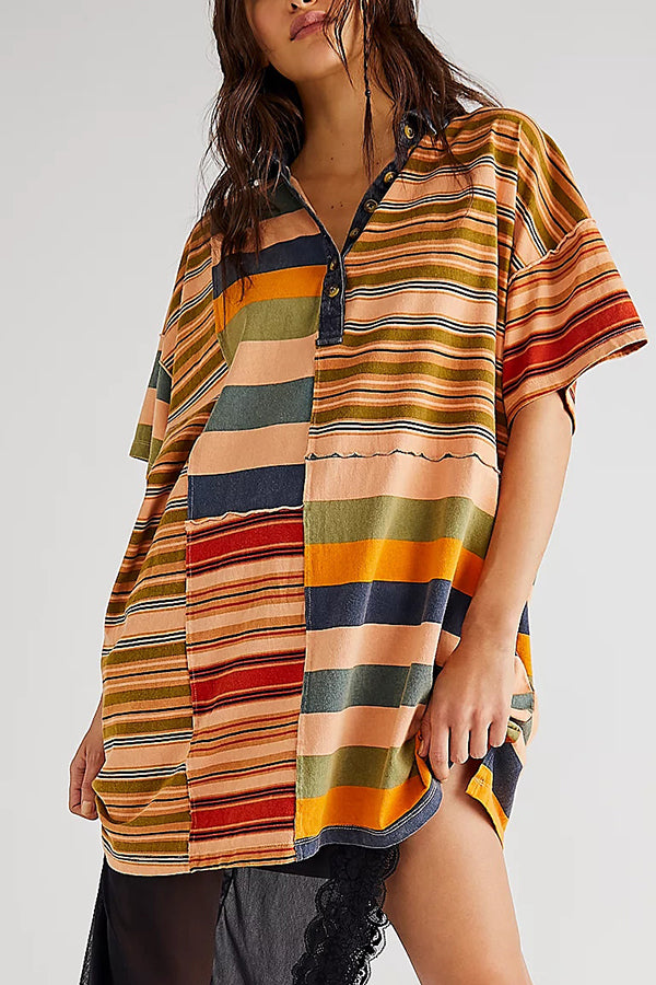 Contrast Striped Patchwork Denim Lapel Loose Mini Dress