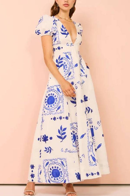 Embrace the Glamour Linen Blend Unique Print Puff Sleeve Pocketed Maxi Dress