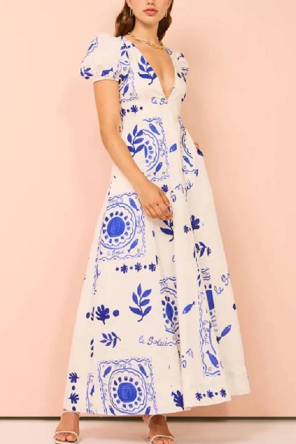 Embrace the Glamour Linen Blend Unique Print Puff Sleeve Pocketed Maxi Dress