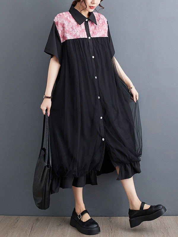 Loose Short Sleeves Falbala Printed Split-joint Lapel Midi Dresses