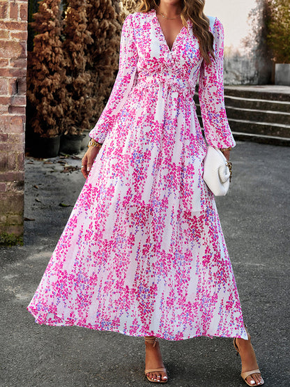 A-line High Waisted Flower Print Ruffled Split-joint Deep V-neck Maxi Dresses