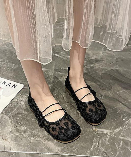 Black Breathable Mesh Splicing Bow Flat Shoes for