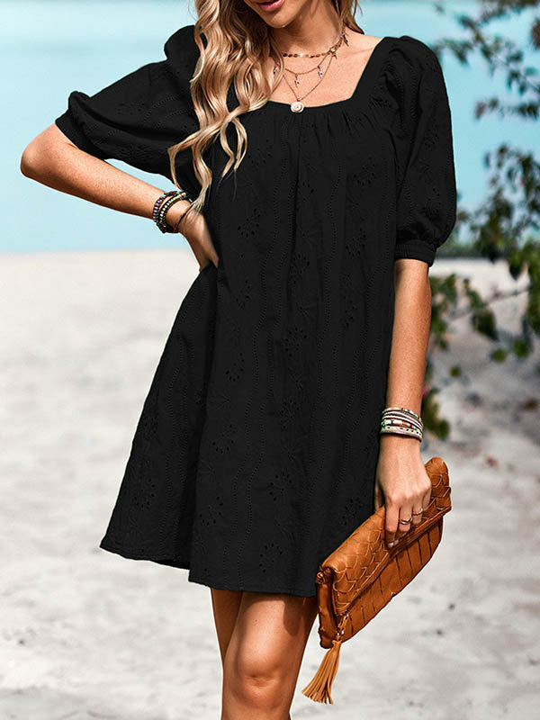 Loose Puff Sleeves Jacquard Color Square-neck Mini Dresses