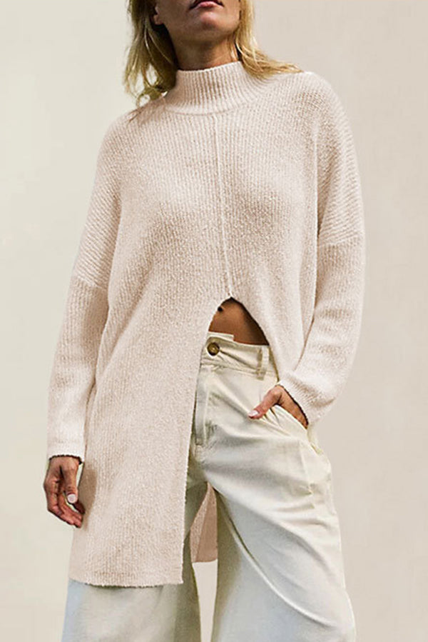 Color Long Sleeve Slit Knitted Sweater