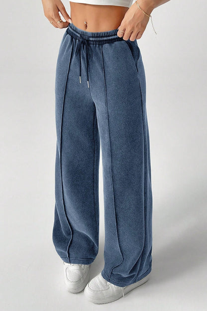 Color Drawstring Waist Wide Leg Sweat Pants