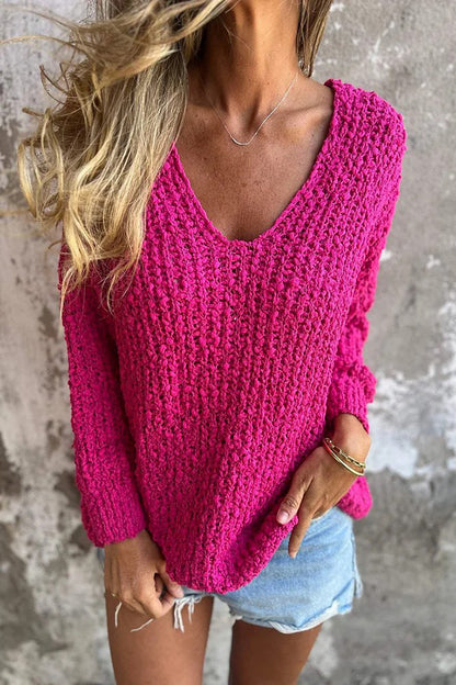 Color V-neck Long-sleeved Loose Knitted Sweater
