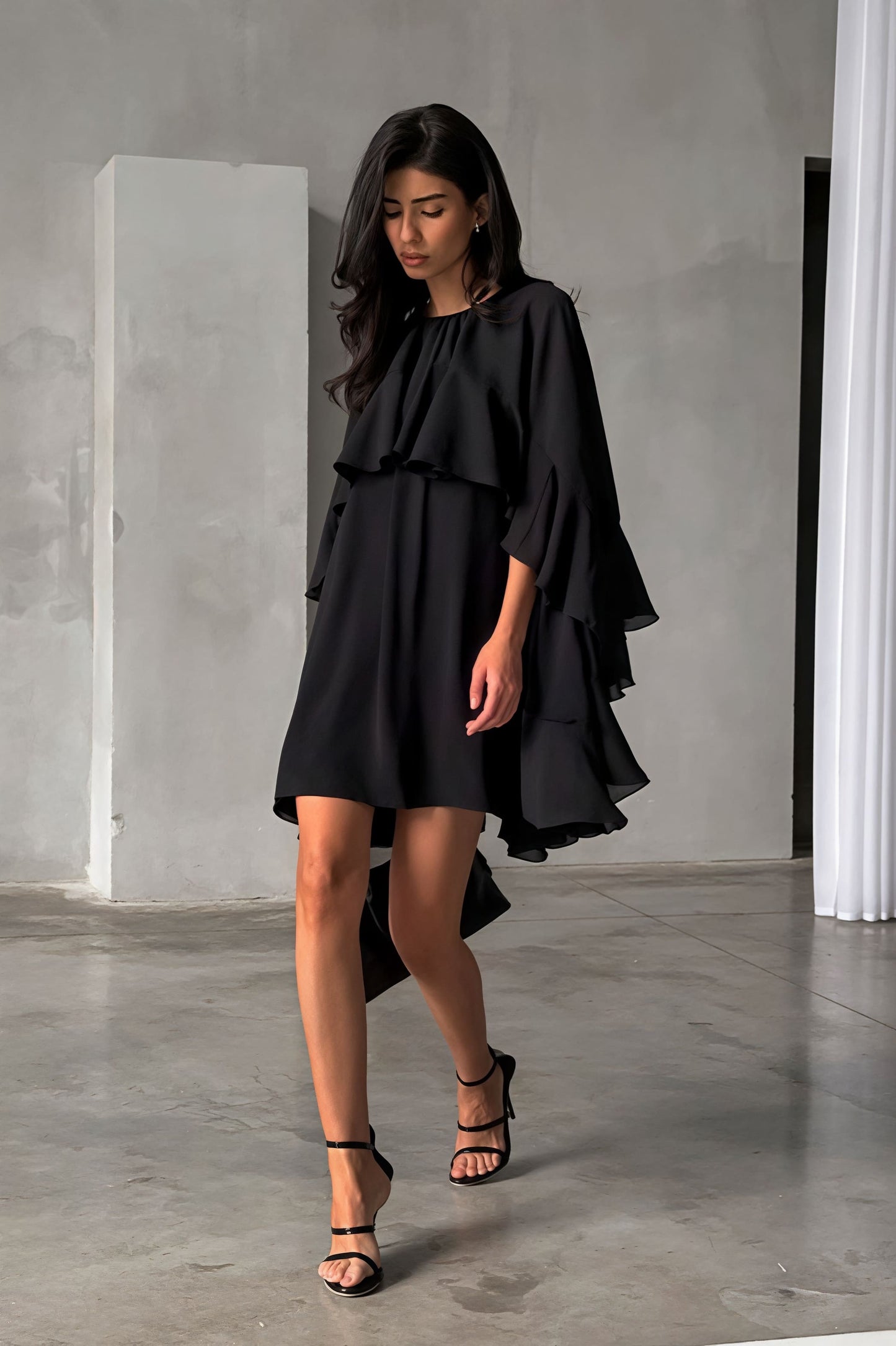 Ruffle Cape Half Sleeve Mini Dress