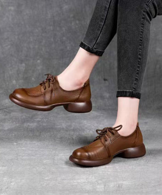 Brown Cowhide Leather Lace Up Splicing Flat Shoes for