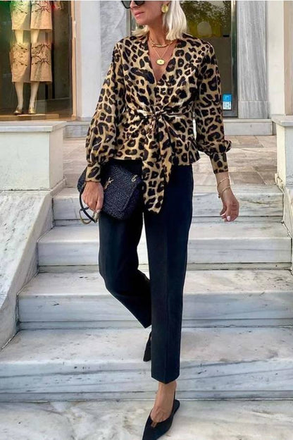 Janae Leopard Print Front Tie-up Lantern Sleeve Blouse