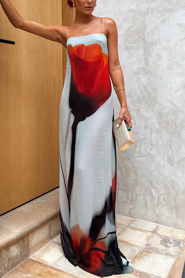 Passionate Wine Glass Flower Abstract Tulip Print H-shaped Long Dress