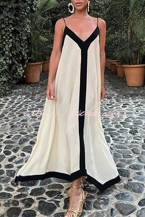 Traveling the Horizon Satin Colorblock Strap Loose Maxi Dress