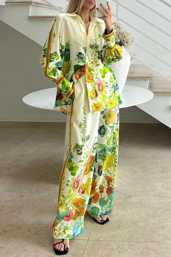 Antibes Satin Print Back Tie-up Button Down Oversized Blouse