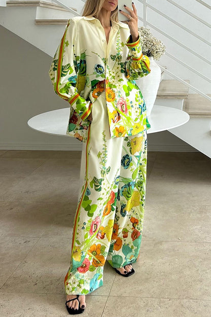 Antibes Satin Print Back Tie-up Button Down Oversized Blouse