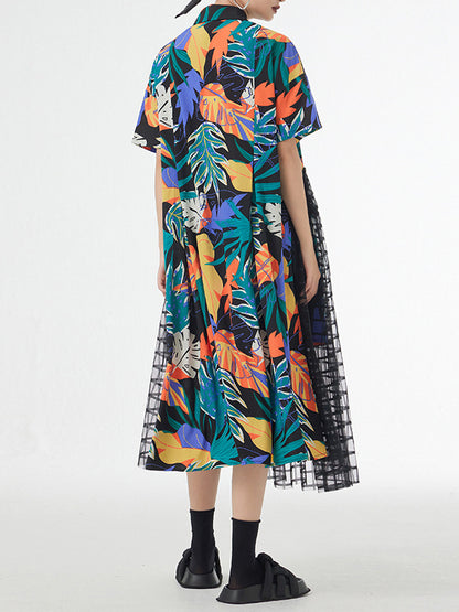 A-line Loose Buttoned Hollow Mesh Printed Split-joint Lapel Midi Dresses