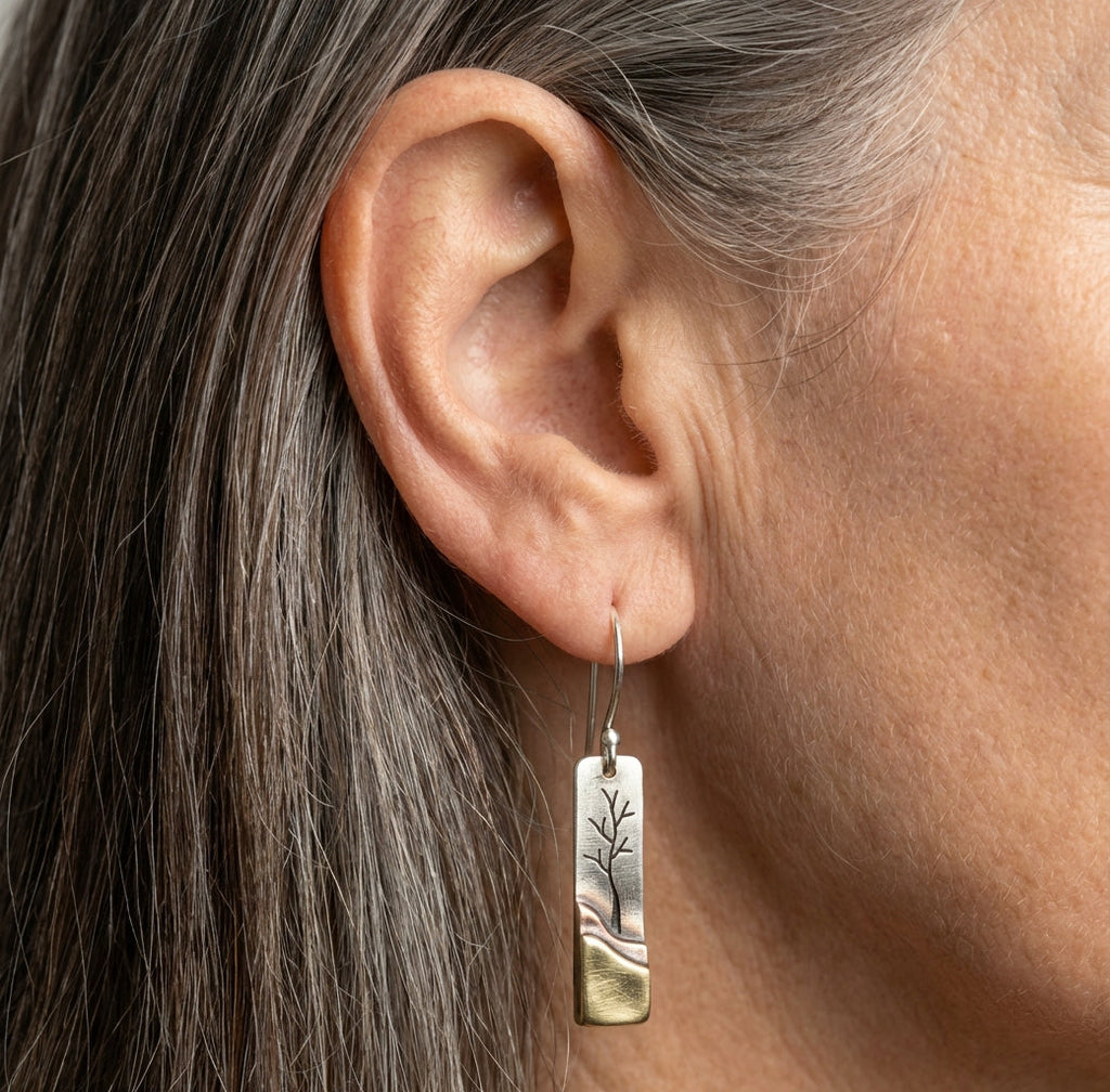 Square Leaf Dangle Silver Earrings