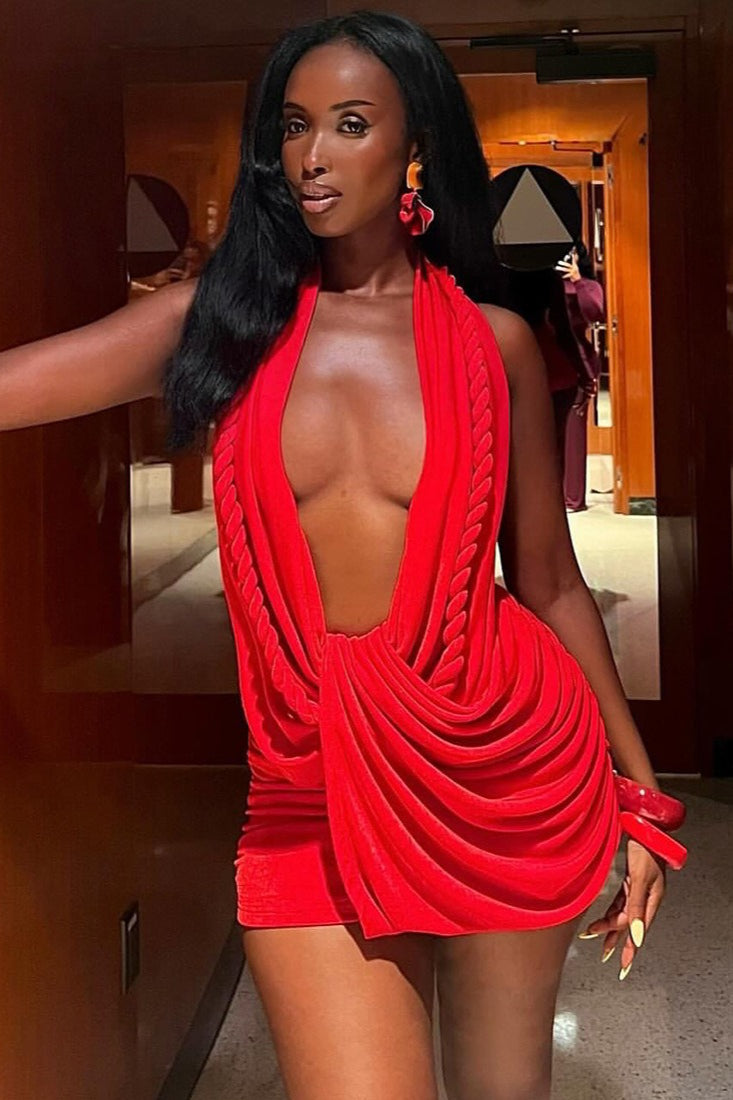 Ruched Halter Deep V Backless Bodycon Mini Dress