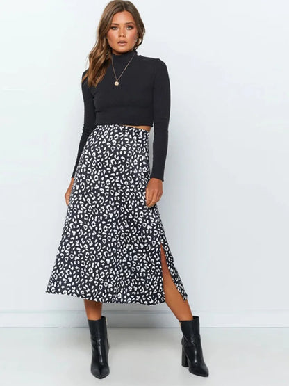 New Leopard Print Chiffon Split Skirt Long Skirts for Spring Summer Zip Female Skirt