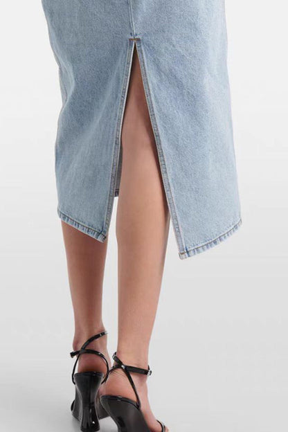 Ruched Rose Denim Skirt