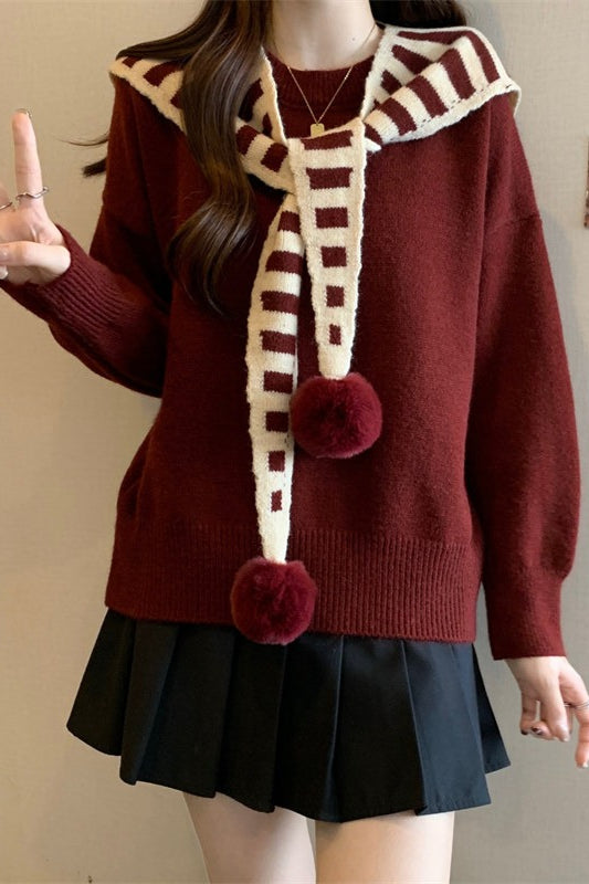 Striped Shawl Collar Pom Pom Sweater
