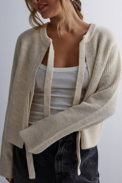 Color Loose Long Sleeve Lace-up Knitted Cardigan